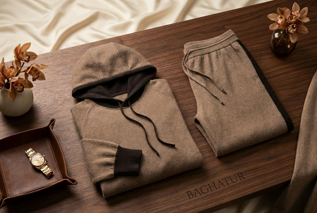 Baghatur luxury cashmere tracksuit in warm taupe on the table